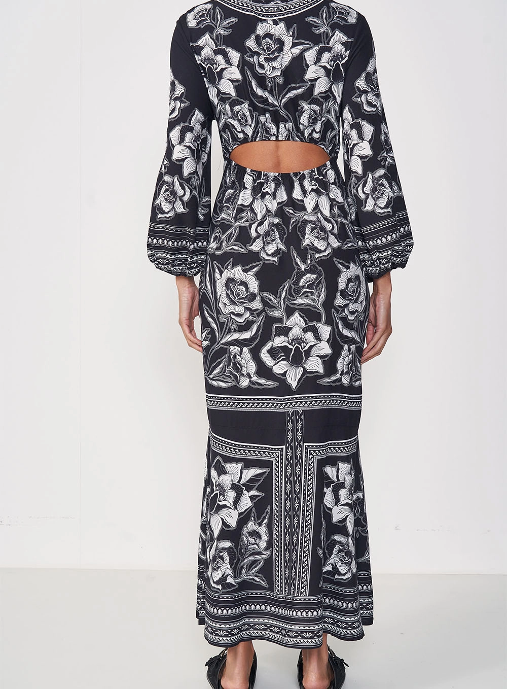 Vestido Estampado Longo Mangas Bufantes Estampados