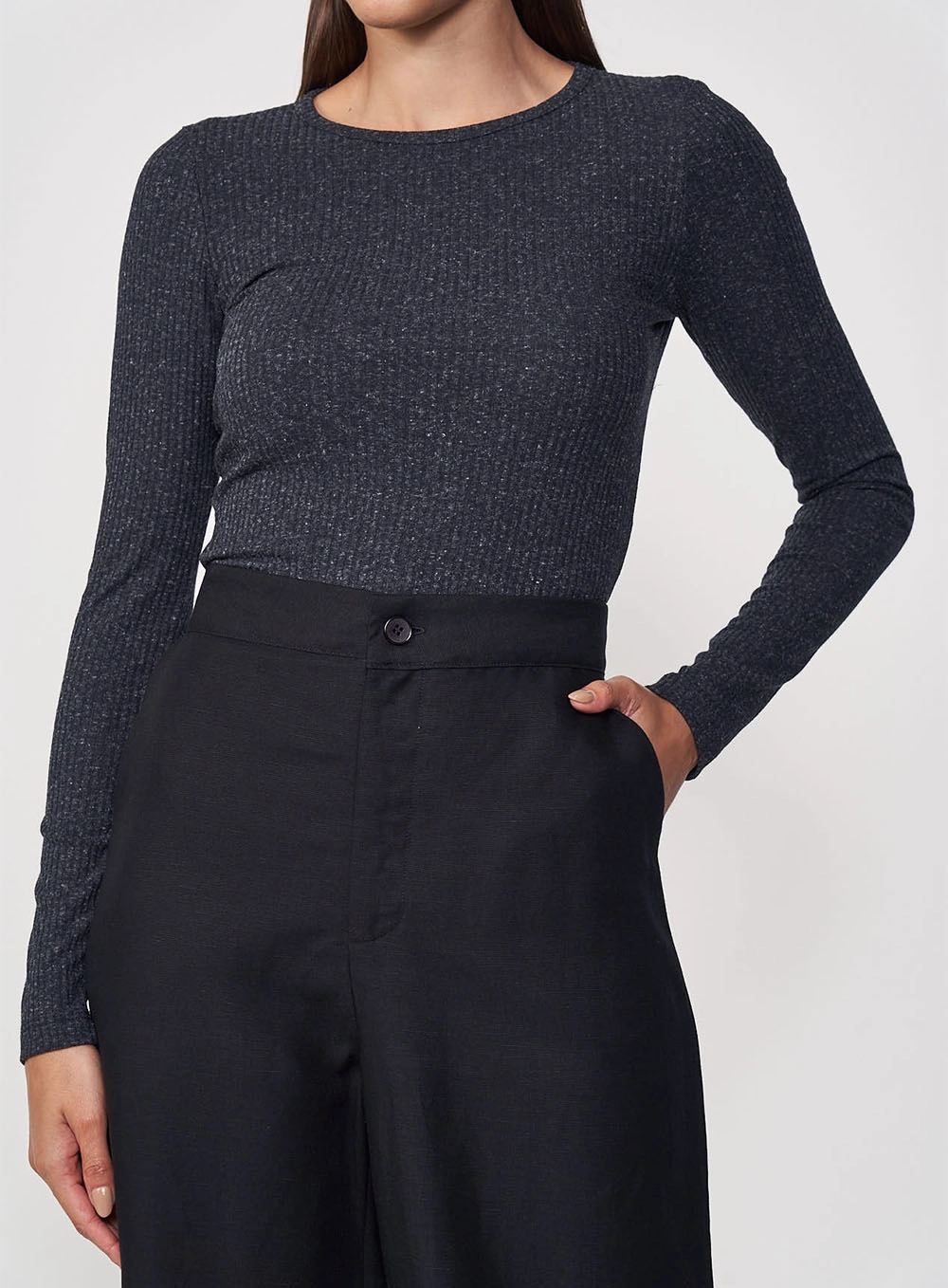 Blusa Canelada Com Brilho Manga Longa Preto