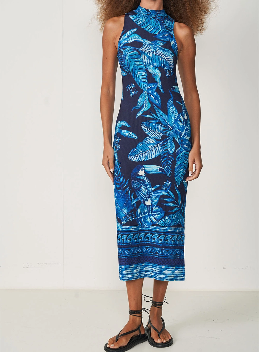 Vestido Canelado Estampado Midi