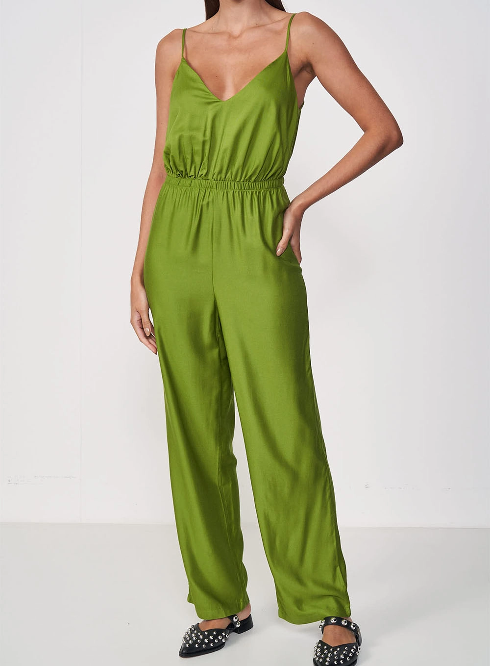 Macacão Wide Leg Cintura Franzida Verde