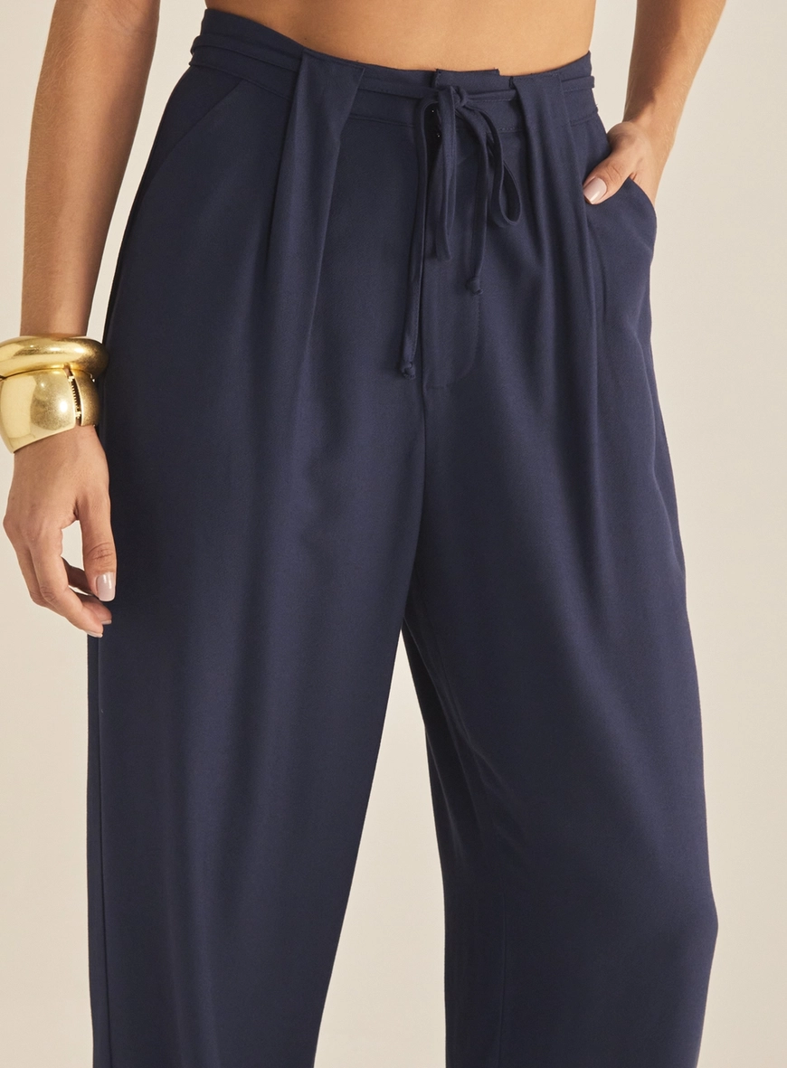 Calça Feminina Alfaiataria Com Cós Elástico Azul 3