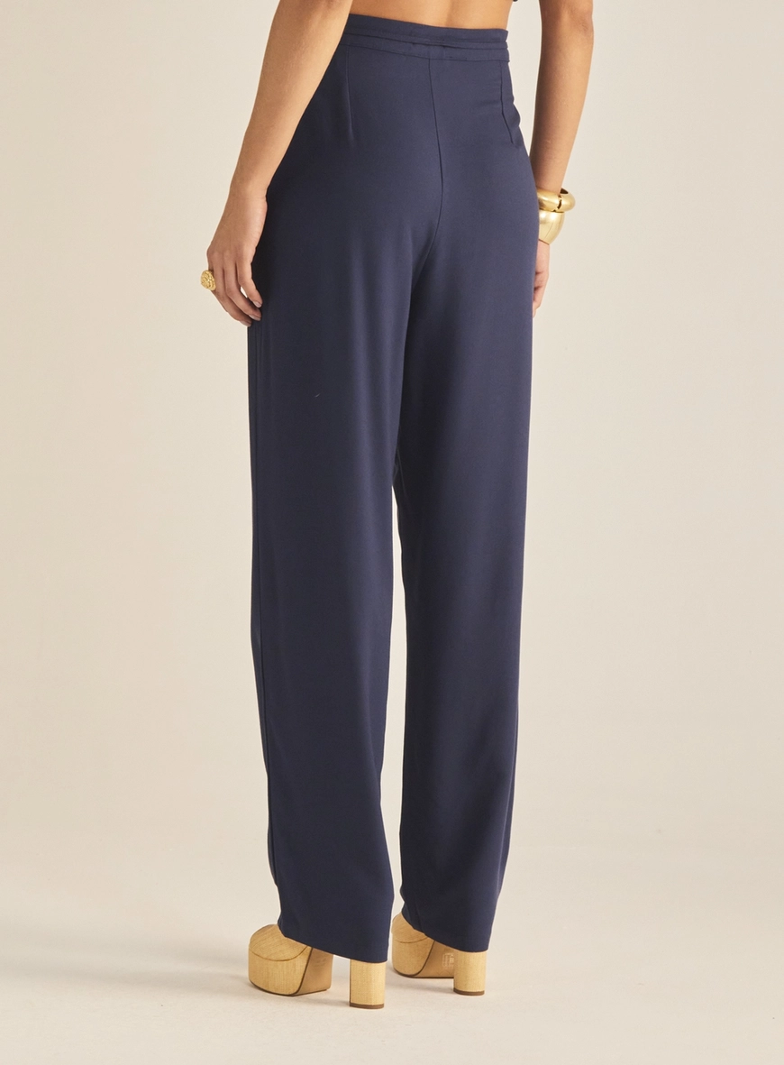 Calça Feminina Alfaiataria Com Cós Elástico Azul 4