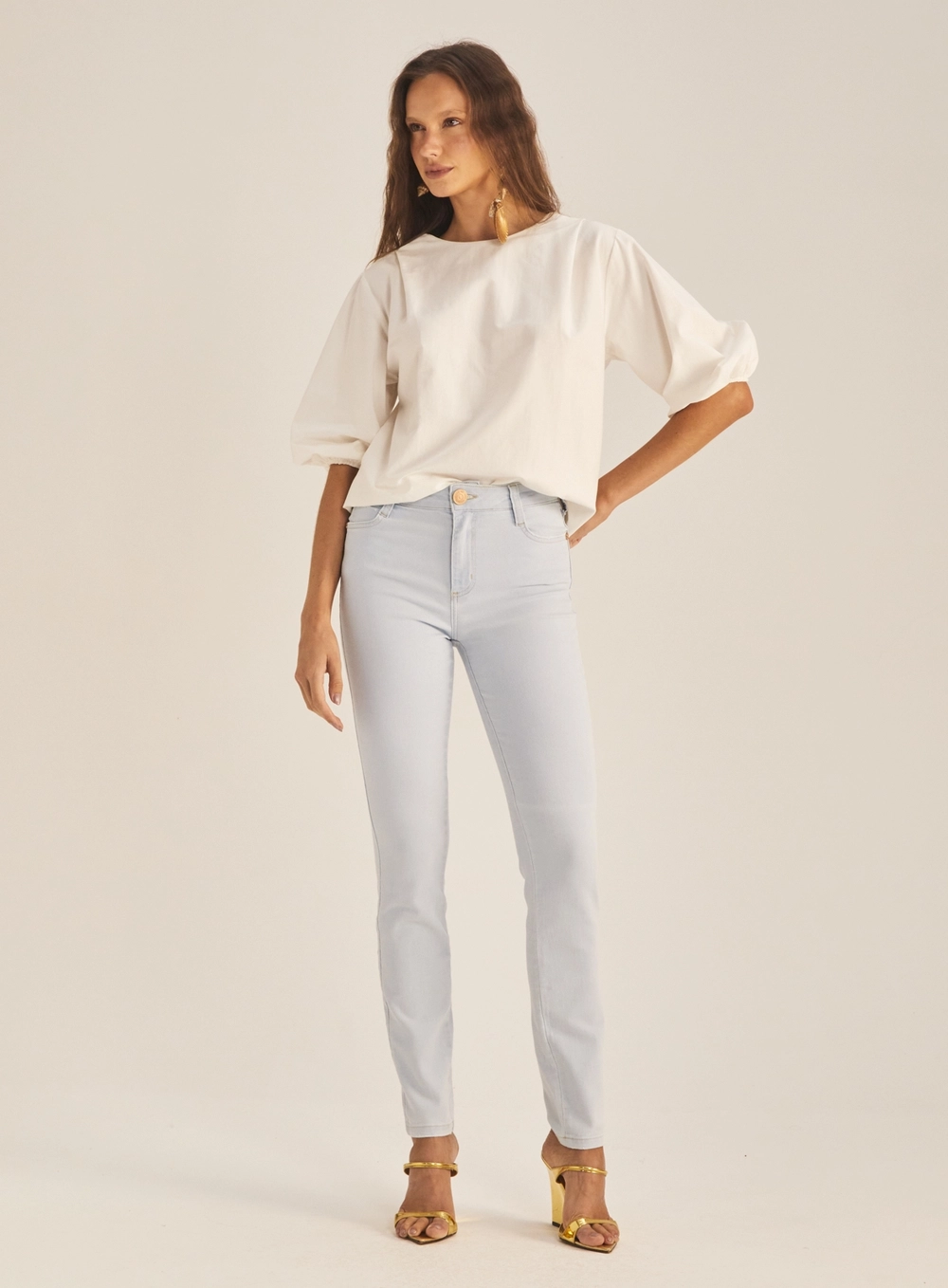 Calça Jeans Feminina Skinny Délavé Cintura Alta Índigo 1