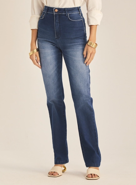 Calça Jeans Feminina Reta Pesponto Contrastante
