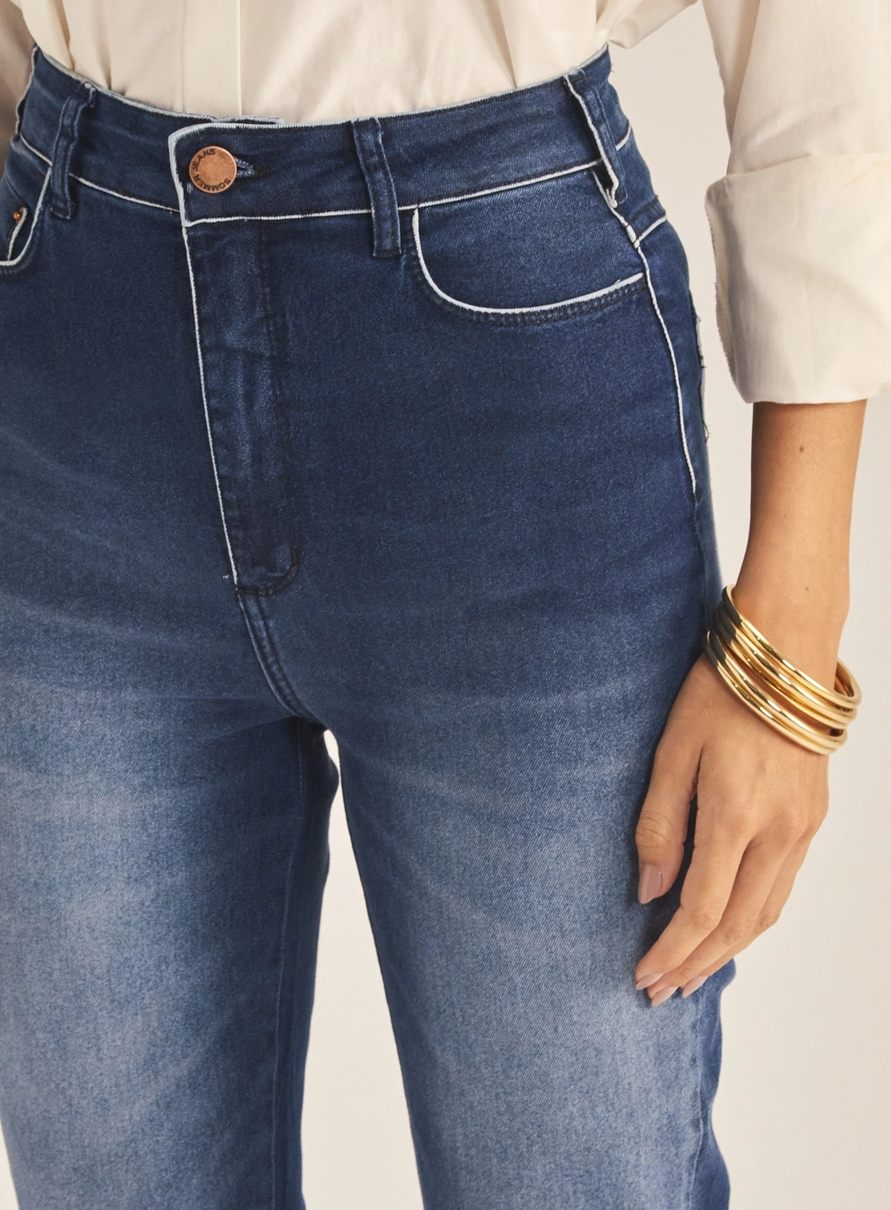 Calça Jeans Feminina Reta Pesponto Contrastante Índigo 3