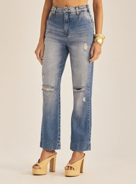 Calça Jeans Feminino Reta Com Barra Larga
