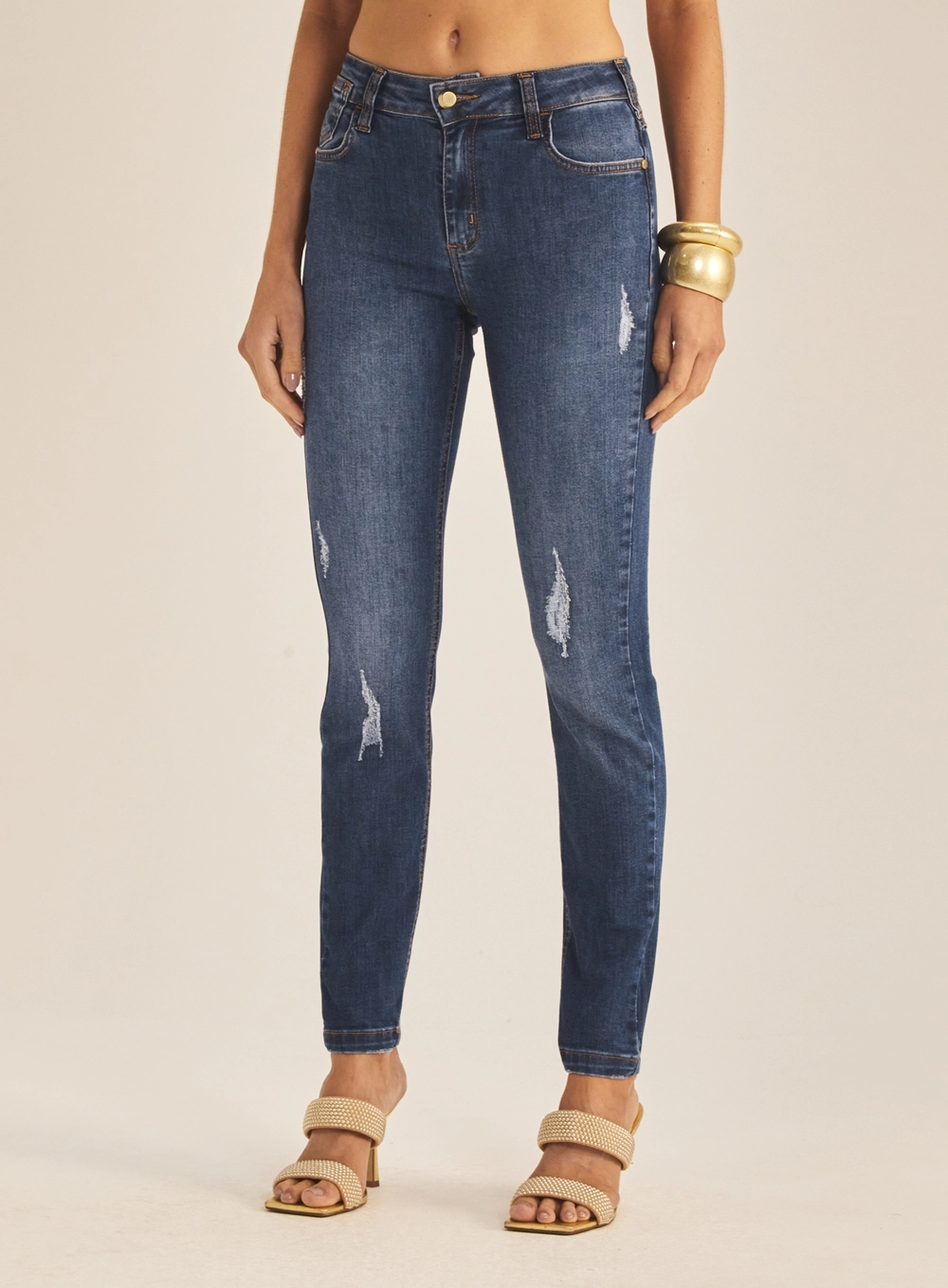 Calça Jeans Feminina Skinny Com Puídos Índigo 2