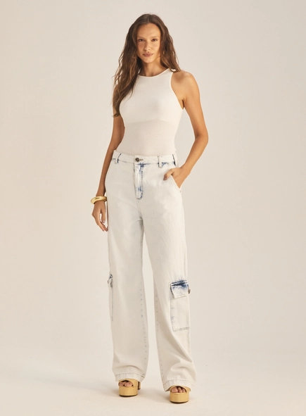 Calça Jeans Feminina Baggy Cargo