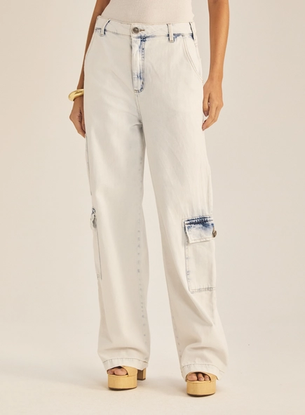 Calça Jeans Feminina Baggy Cargo