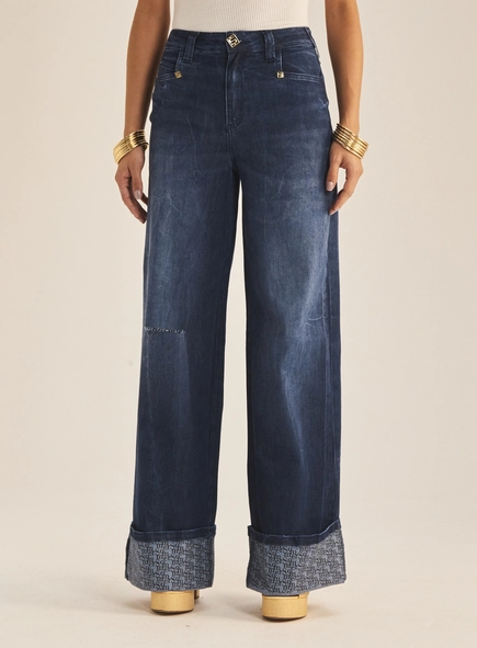 Calça Jeans Feminina Wide Leg Com Barra Italiana