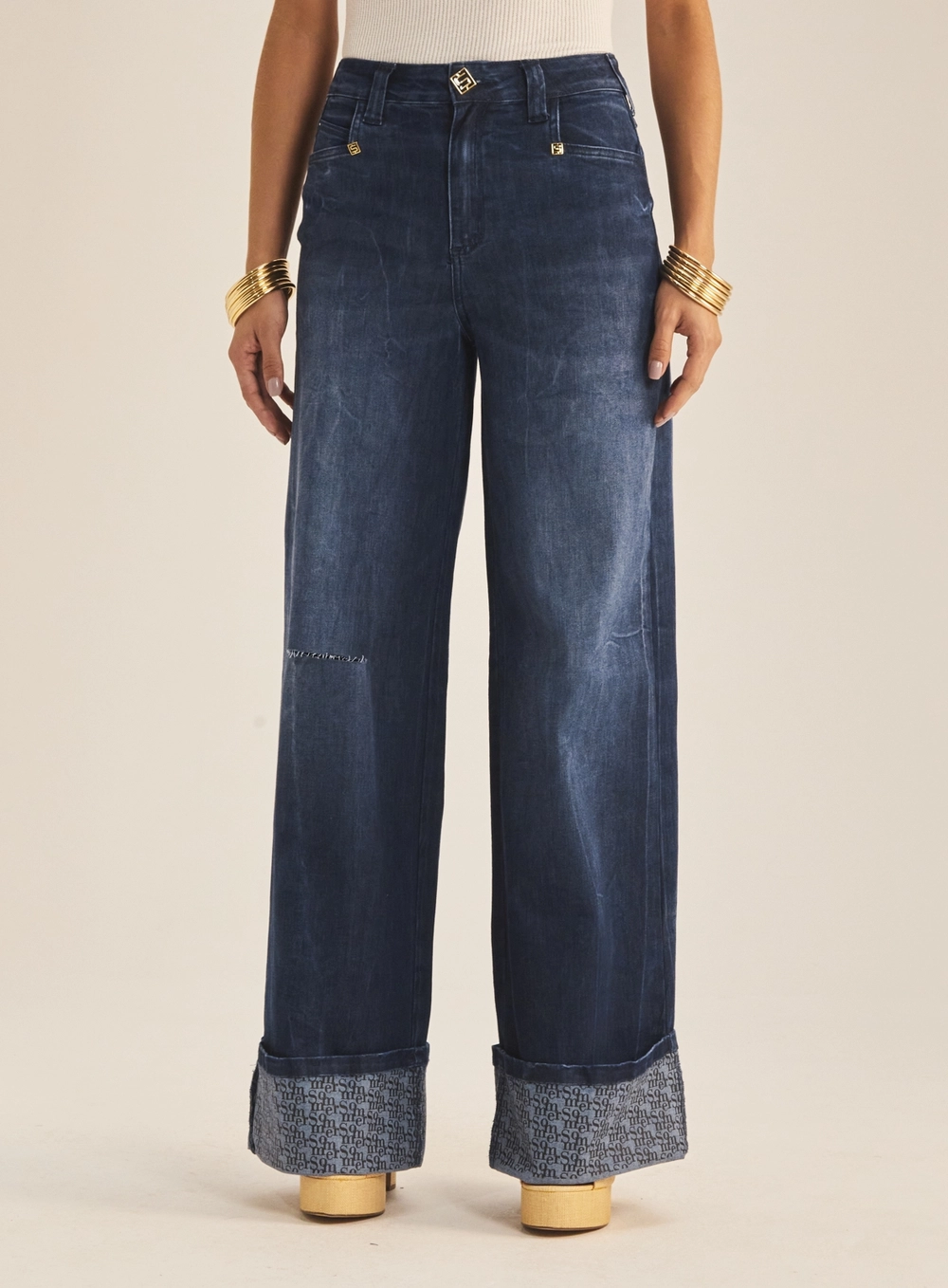 Calça Jeans Feminina Wide Leg Com Barra Italiana Índigo 2