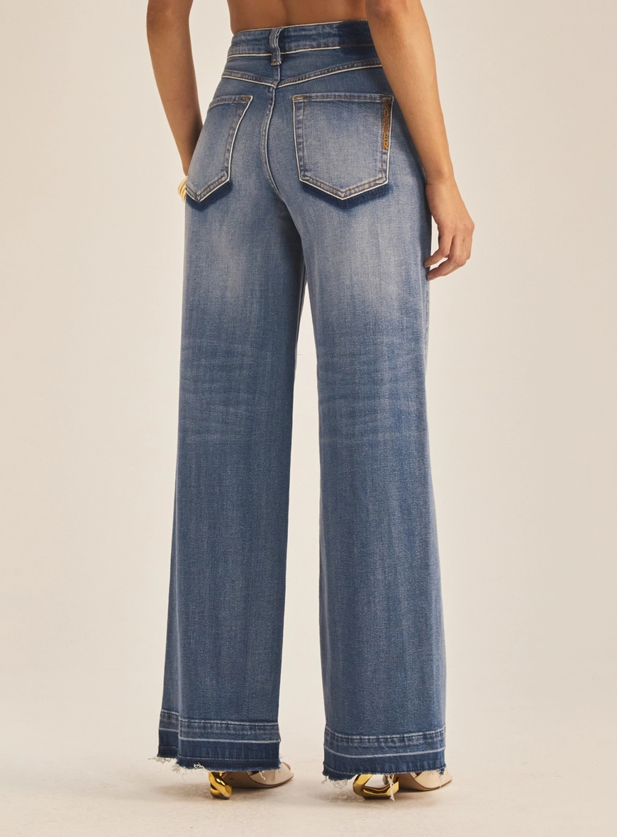 Calça Jeans Feminina Barra Larga Desfiada Índigo 4