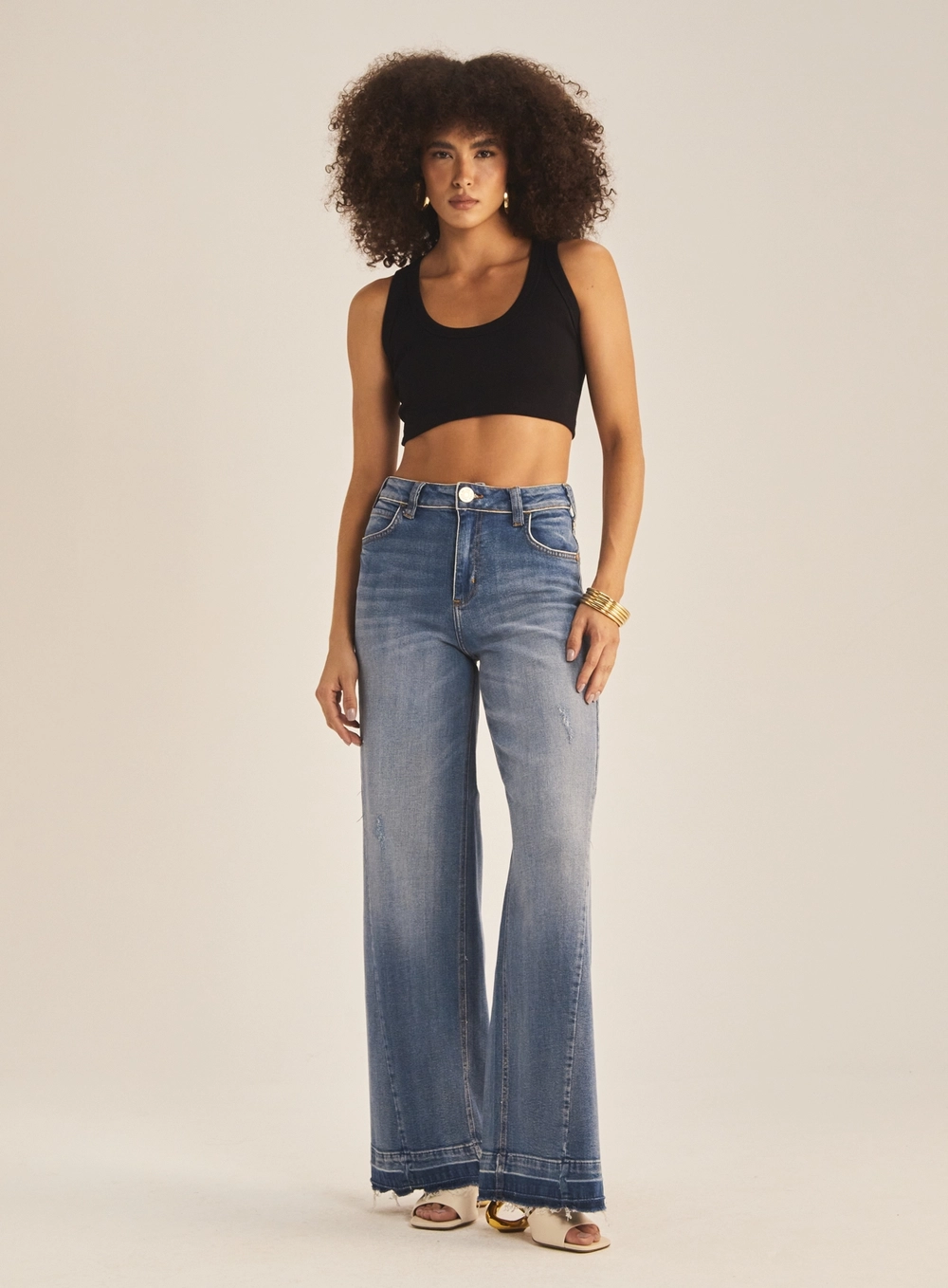 Calça Jeans Feminina Barra Larga Desfiada Índigo 1