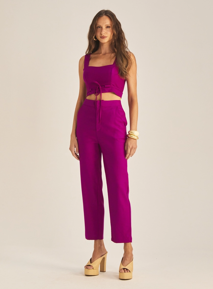 Calça Feminina Alfaiataria Carrot Linho Fúcsia Roxo 1