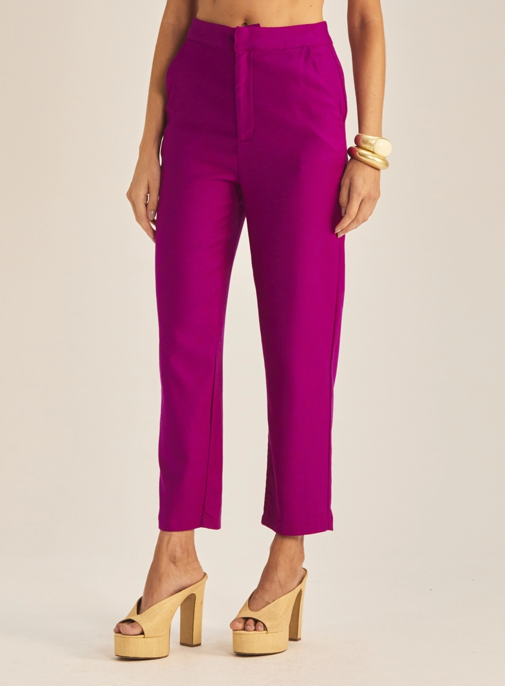 Calça Feminina Alfaiataria Carrot Linho Fúcsia Roxo 2