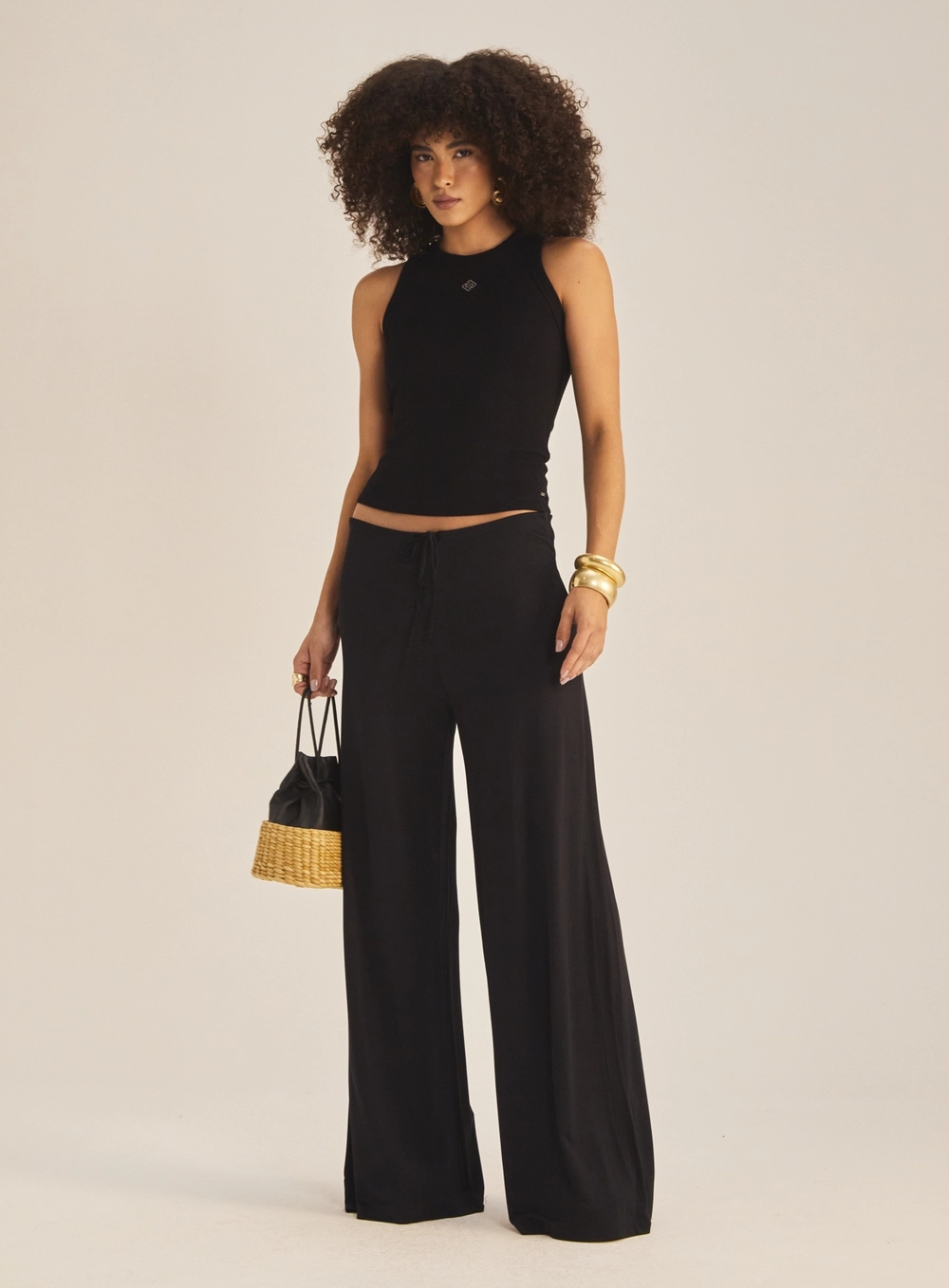 Calça Feminina Pantalona Com Cintura Ajustável Preto 1