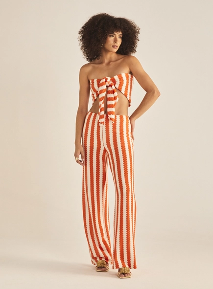 Calça Feminina Pantalona Tricô Listrada