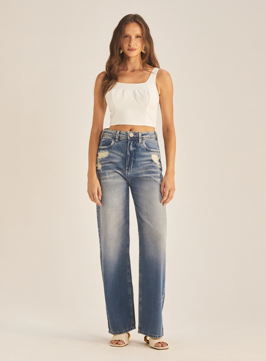 Calça Jeans Feminina Baggy  Lavagem Vintage Índigo 1