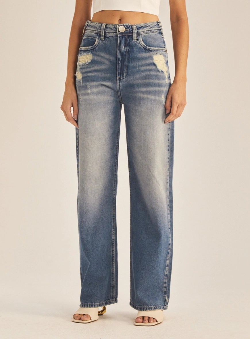 Calça Jeans Feminina Baggy  Lavagem Vintage Índigo 2