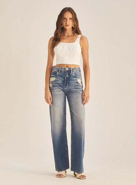 Calça Jeans Feminina Baggy  Lavagem Vintage