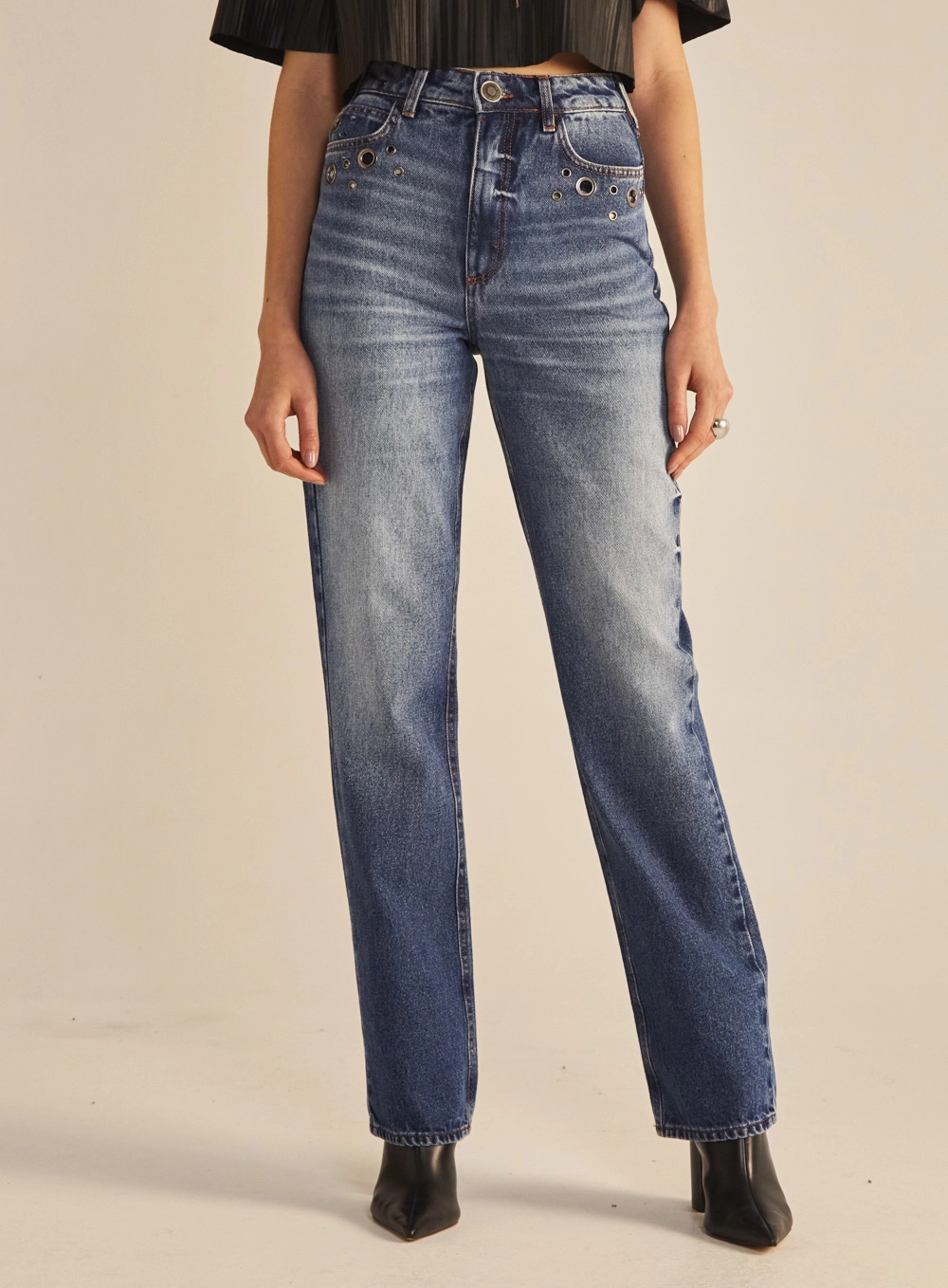 Calça Jeans Feminina Reta Slim Com Ilhós Índigo 2
