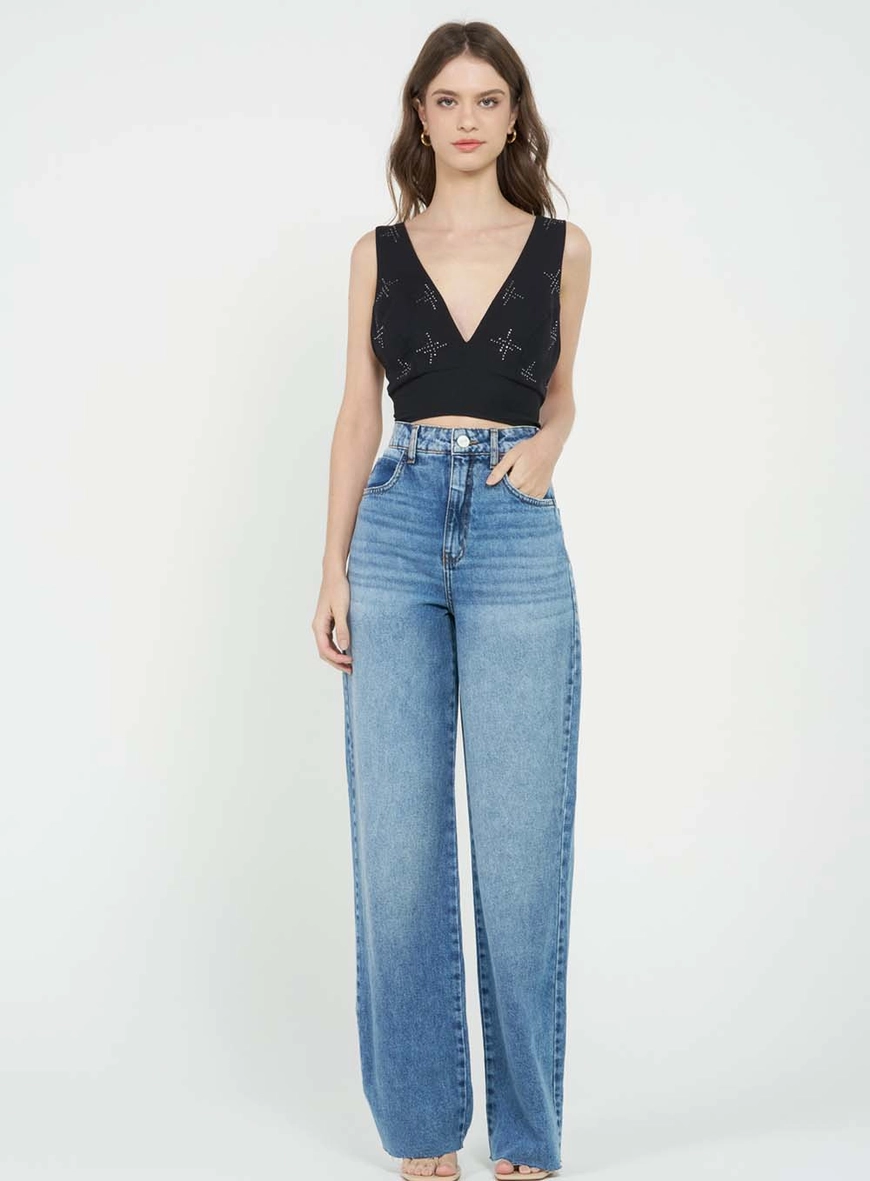Calça Jeans Feminina Wide Leg Barra Desfiada Índigo 1