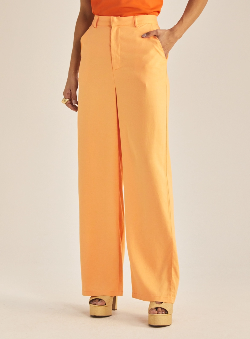 Calça Feminina Reta Linho Laranja 2