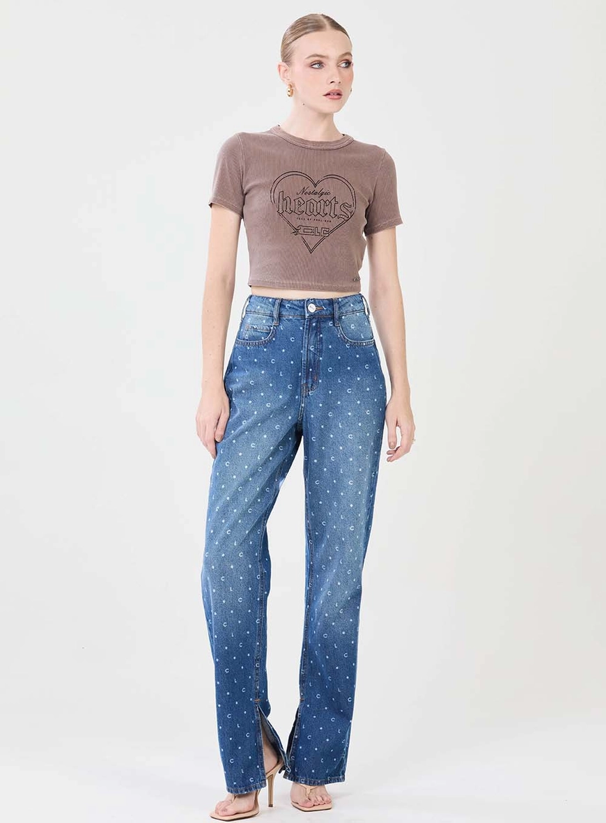 Calça Jeans Feminina Reta Estampada Com Fenda Indigo 1
