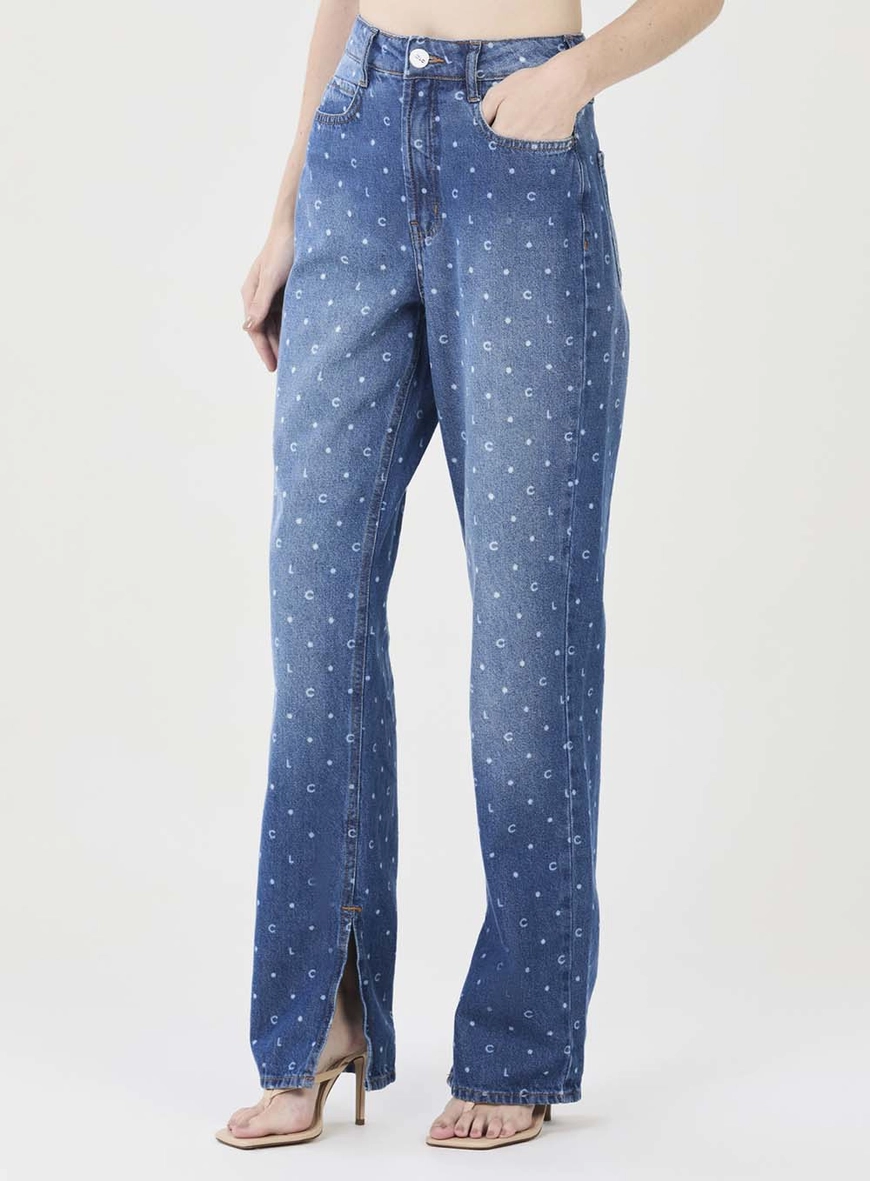 Calça Jeans Feminina Reta Estampada Com Fenda Indigo 2