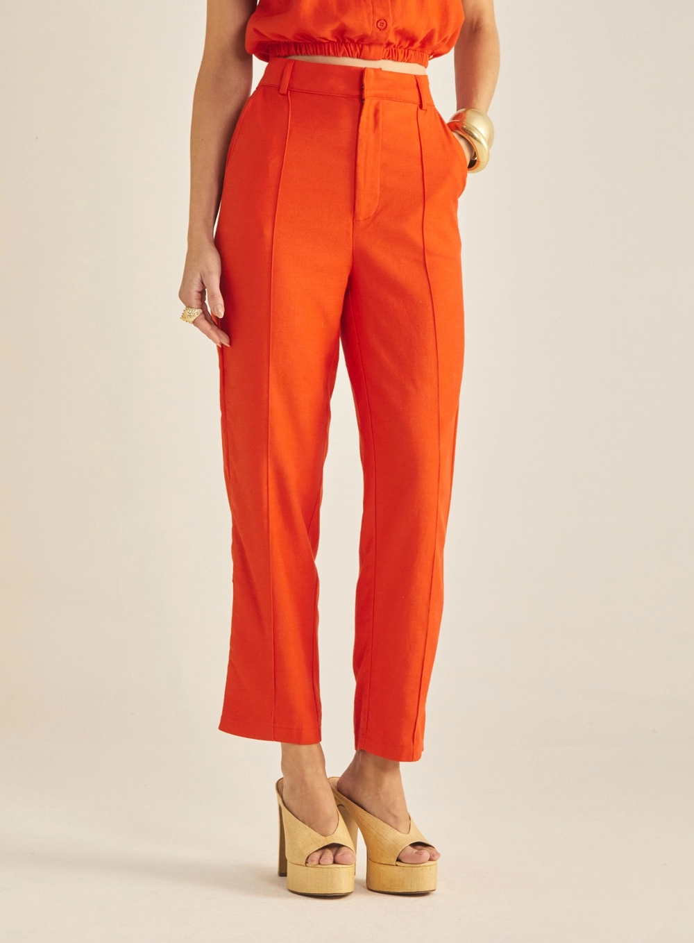 Calça Feminina Alfaiataria Linho Vermelho 2