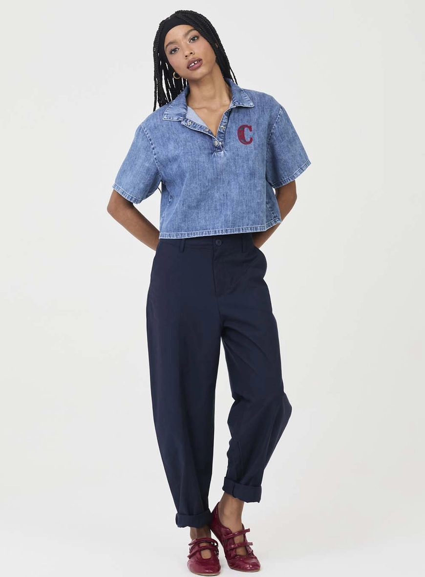 Calça Feminina Alfaiataria Ballon Com Bolsos Faca Azul 1