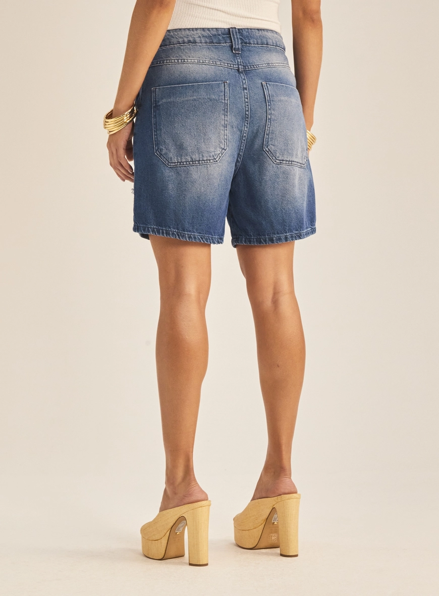 Bermuda Jeans Feminina Boyfriend Com Puídos Índigo 4