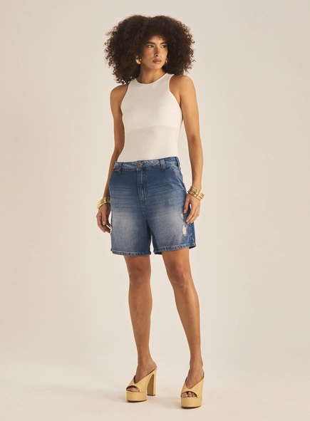 Bermuda Jeans Feminina Boyfriend Com Puídos