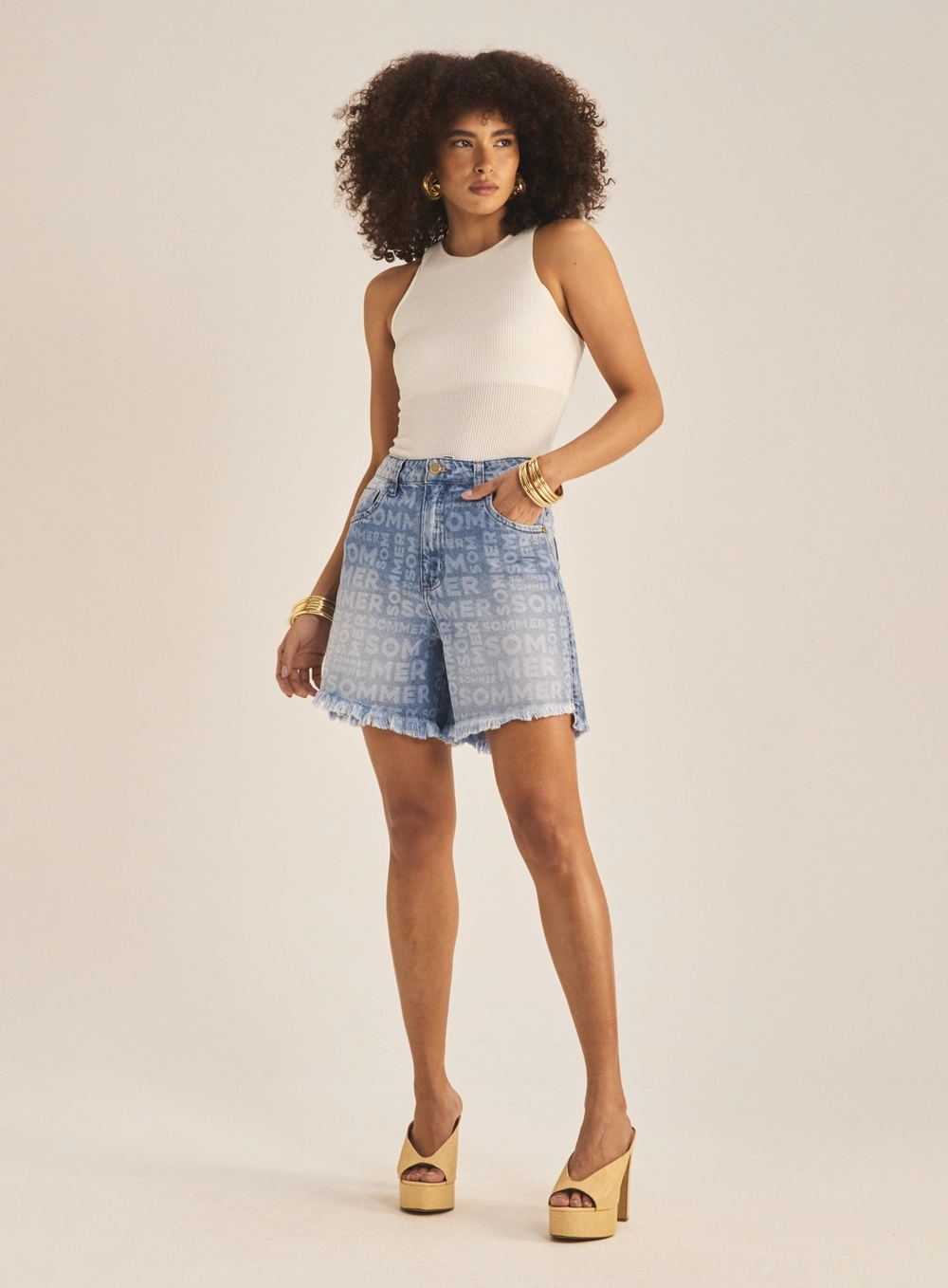 Short Jeans Feminino Vintage Estampado Índigo 1