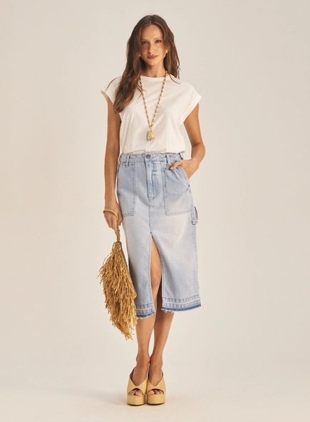 Saia Jeans Midi Com Detalhe De Alça Lateral
