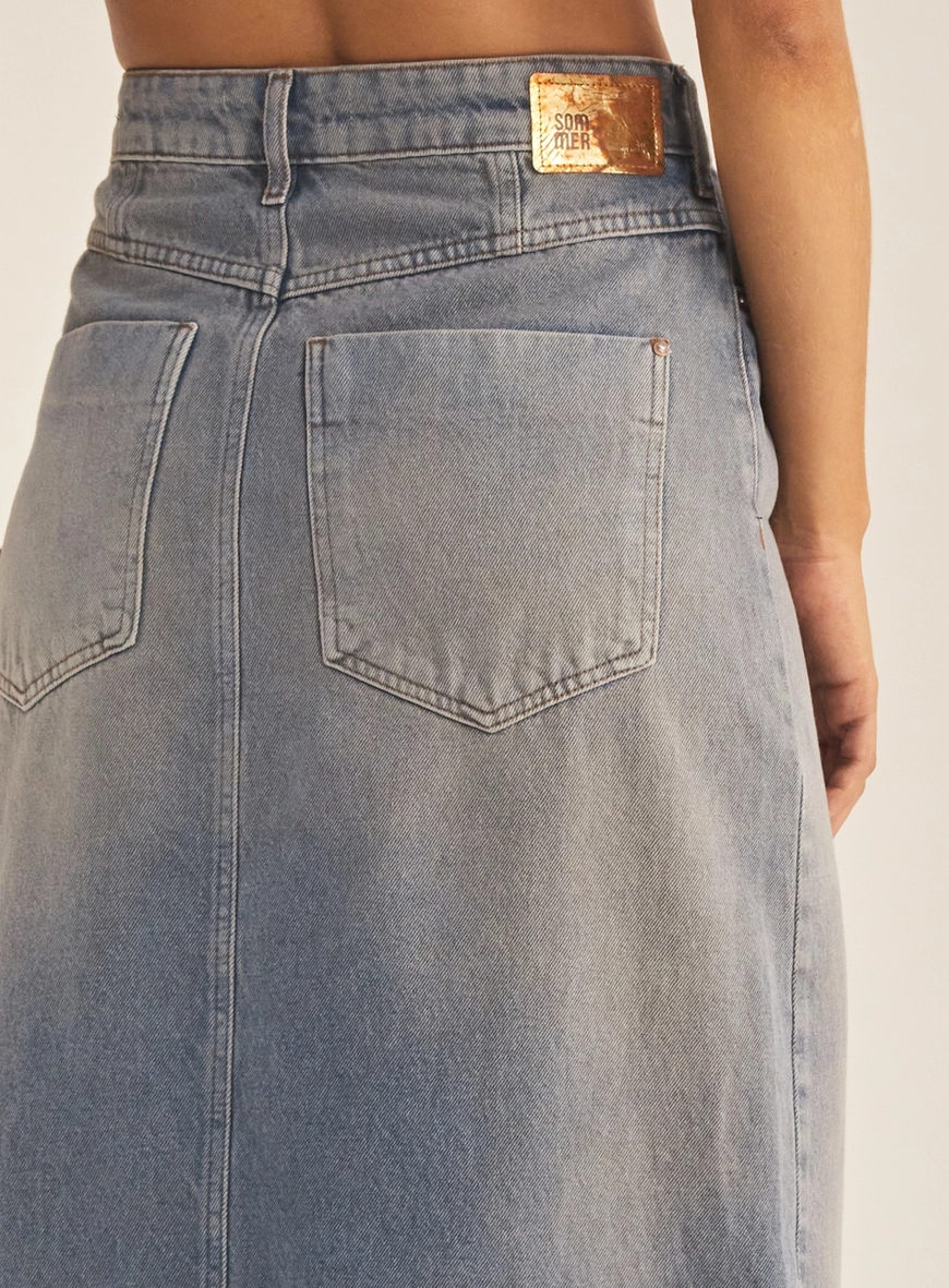 Saia Jeans Longa Com Bolsos Índigo 3