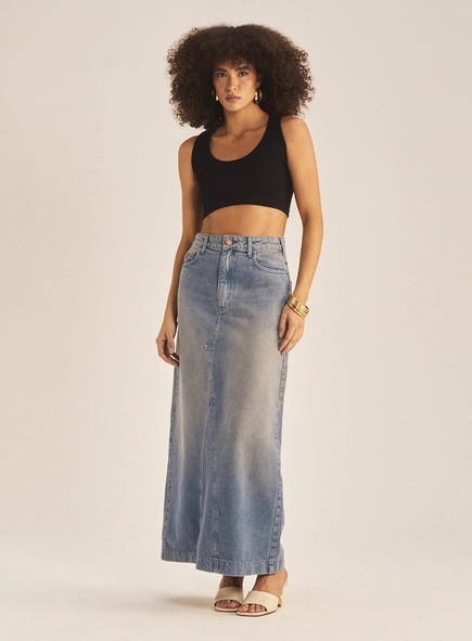 Saia Jeans Longa Com Bolsos