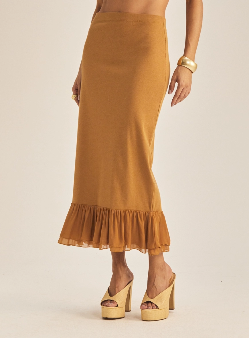 Saia Slim Longa Com Babado Marrom Evermore 2