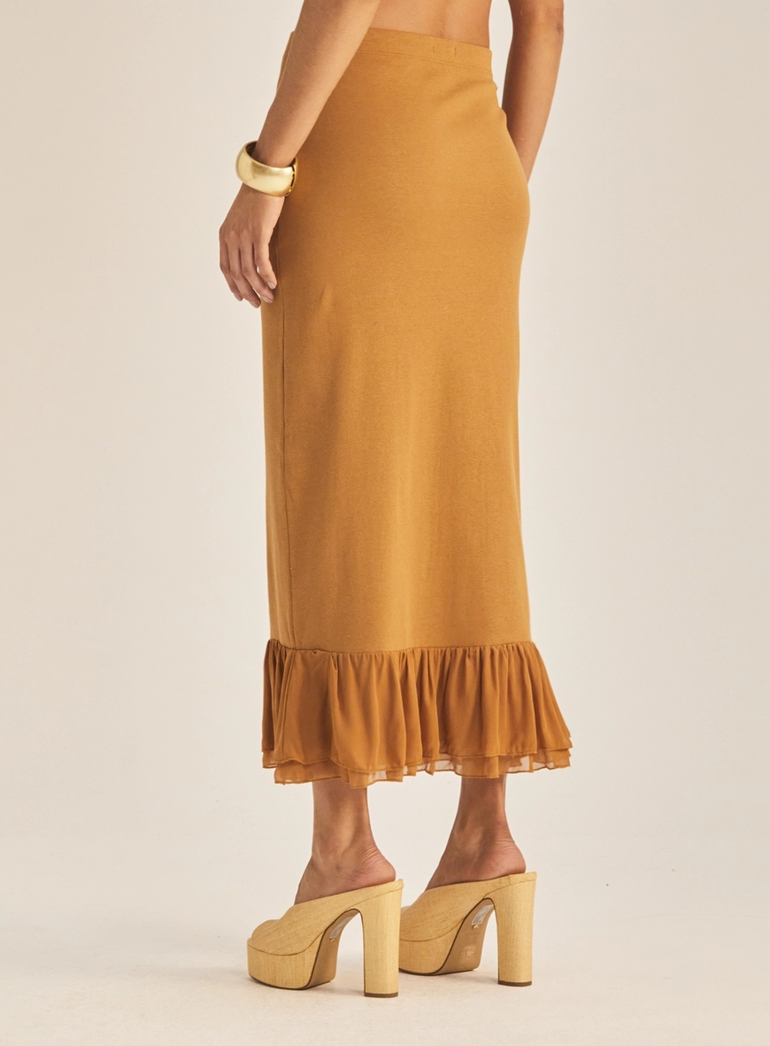 Saia Slim Longa Com Babado Marrom Evermore 4