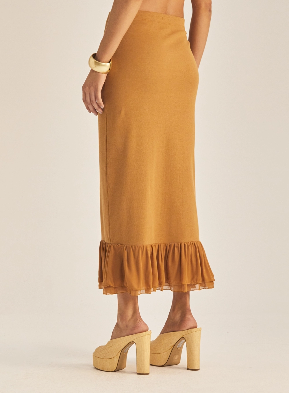 Saia Slim Longa Com Babado Marrom Evermore 4
