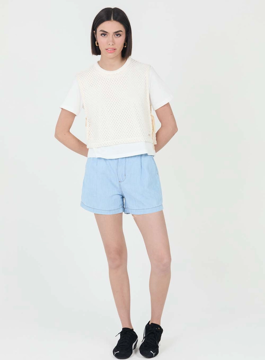 Short Jeans Trapeze Alta Com Prega Índigo 1
