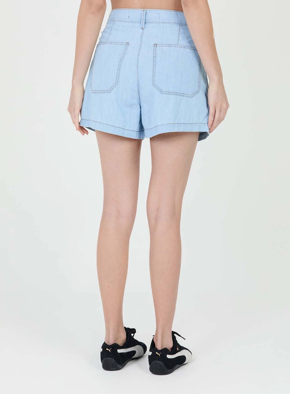Short Jeans Trapeze Alta Com Prega Índigo 3