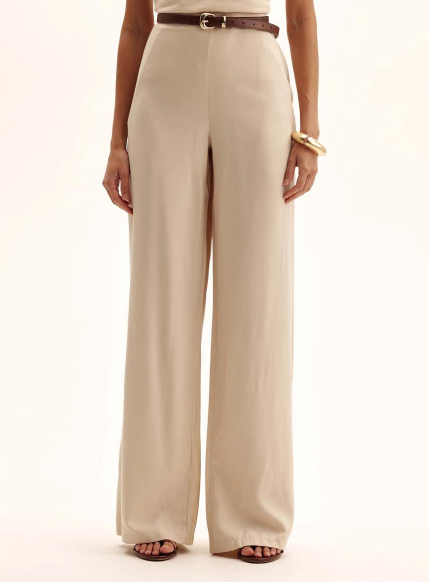 Calça Feminina Pantalona Elástico No Cós Bege 2
