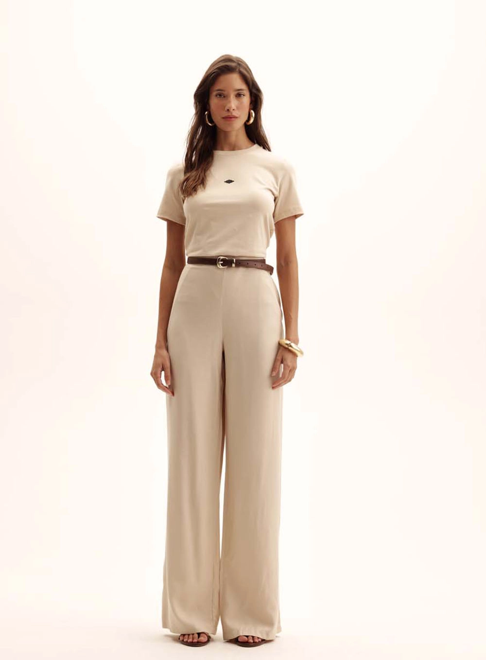 Calça Feminina Pantalona Elástico No Cós Bege 1