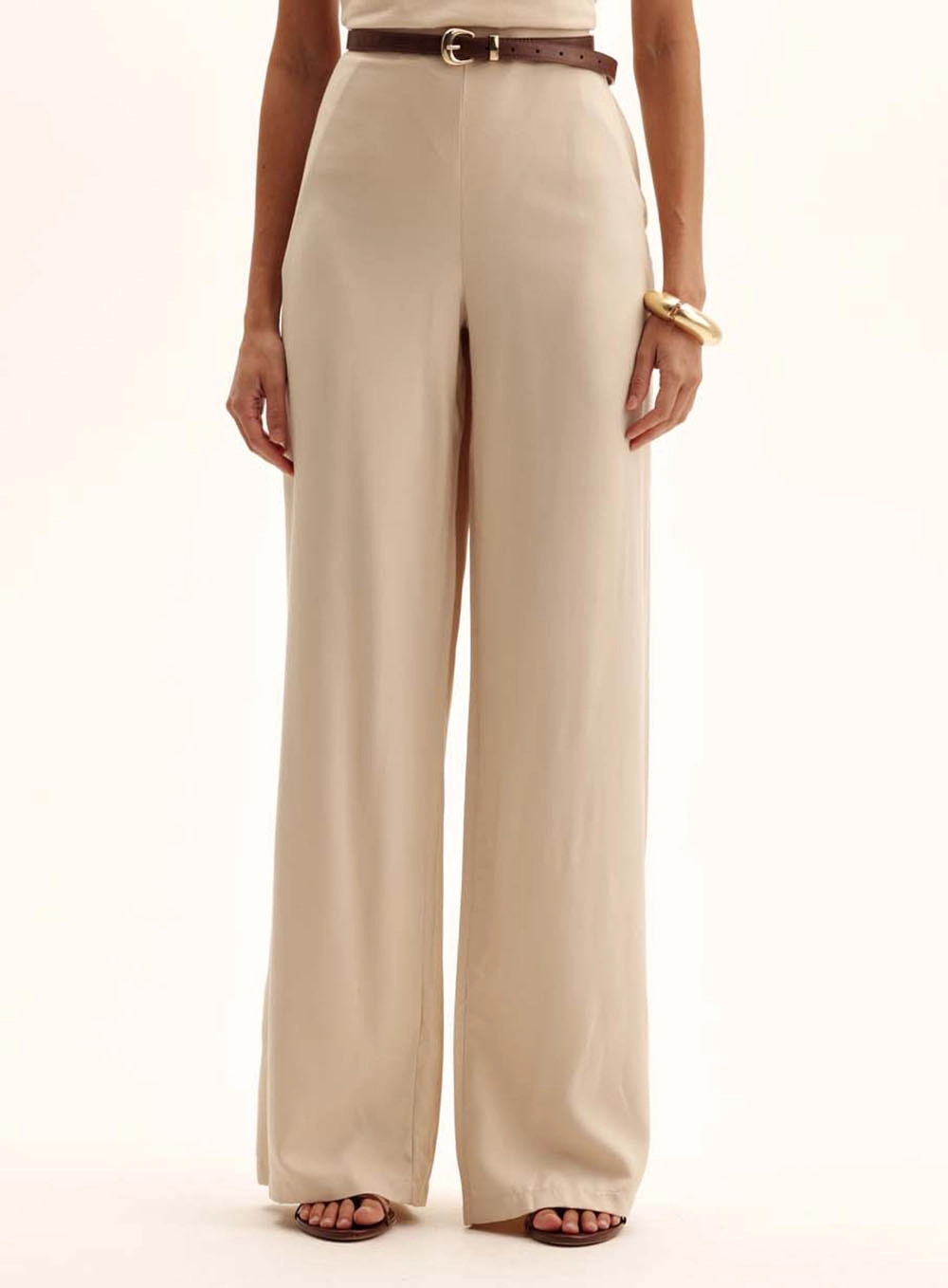 Calça Feminina Pantalona Elástico No Cós Bege 2