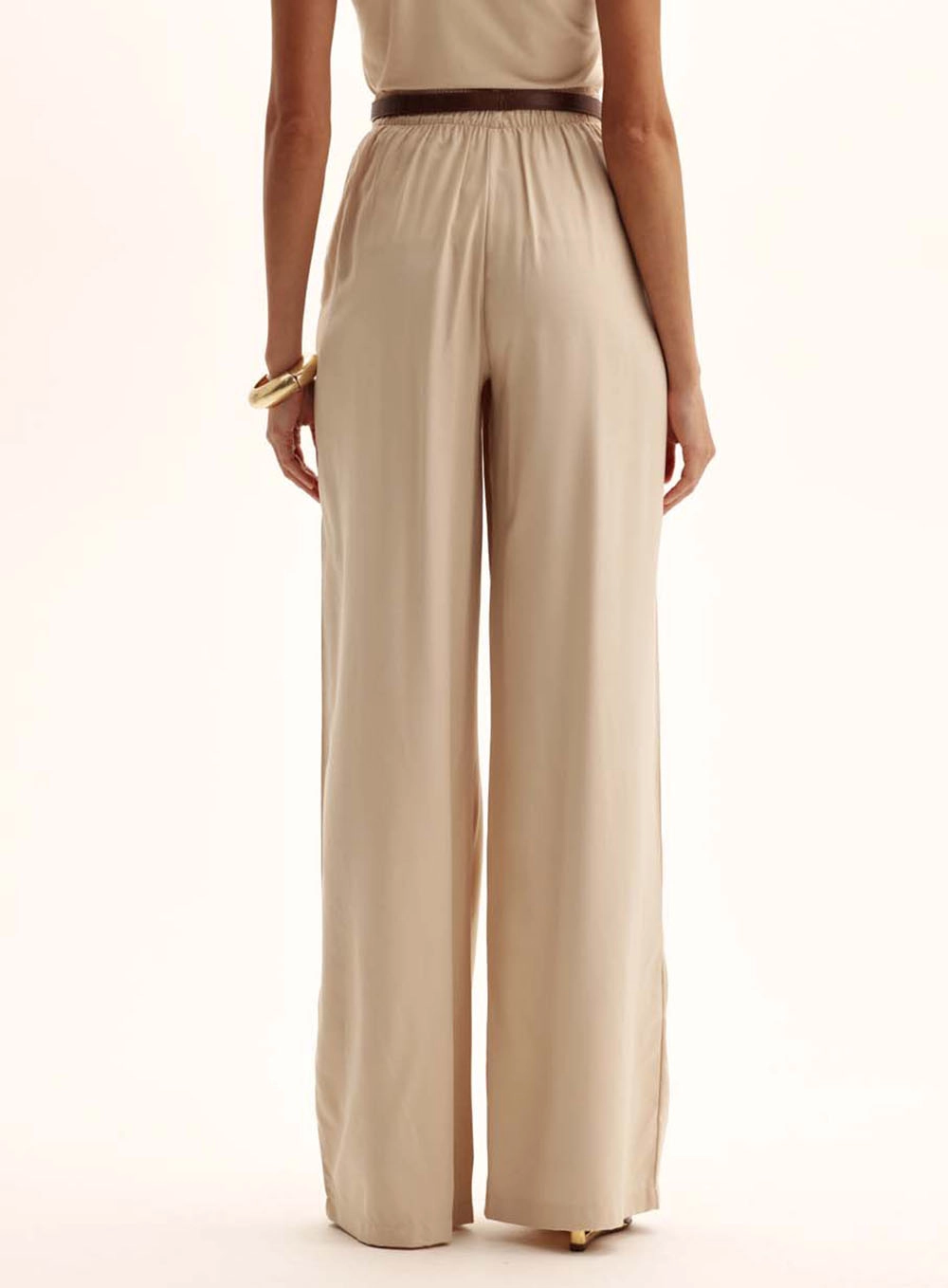 Calça Feminina Pantalona Elástico No Cós Bege 3