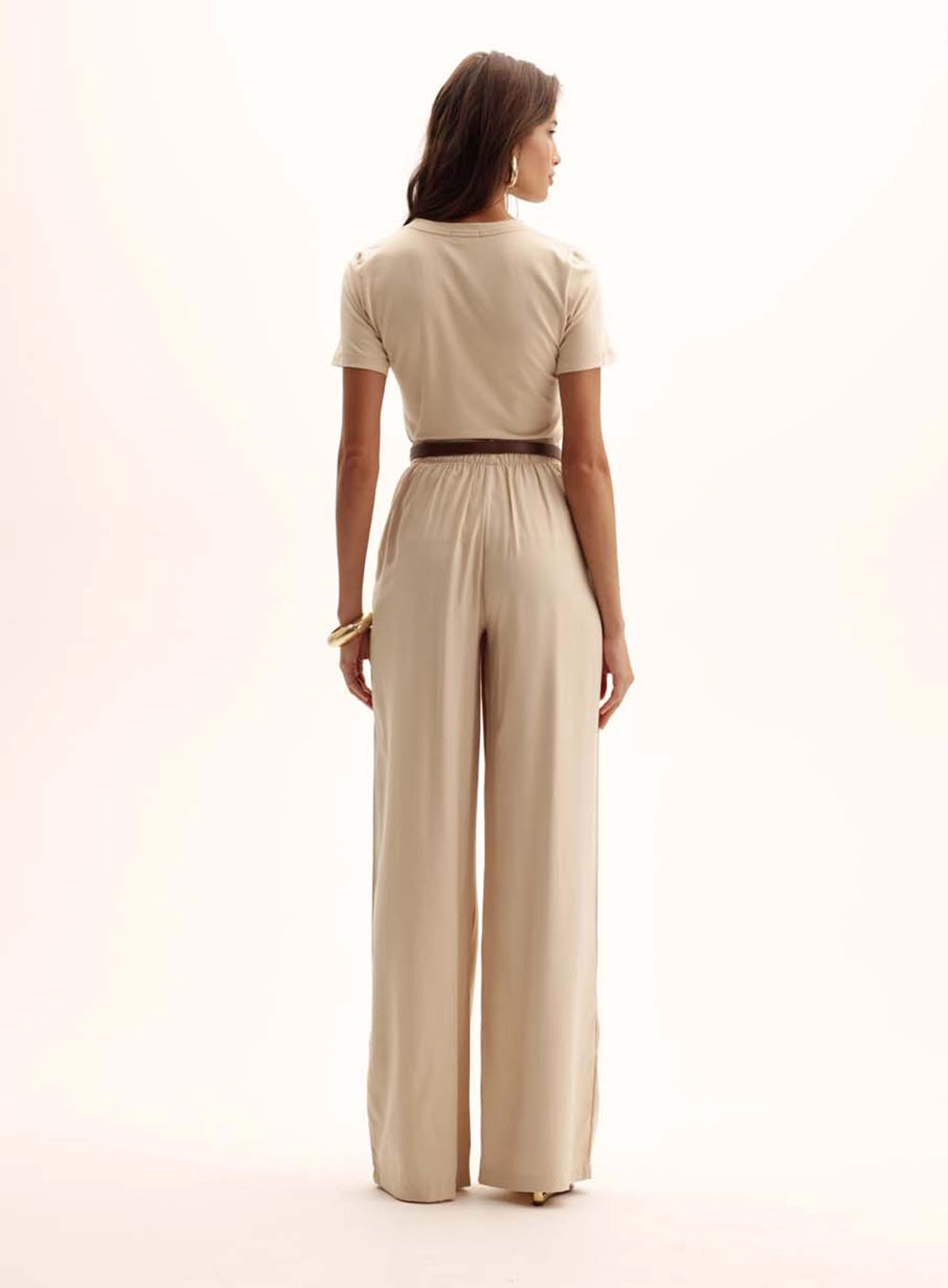 Calça Feminina Pantalona Elástico No Cós Bege 4