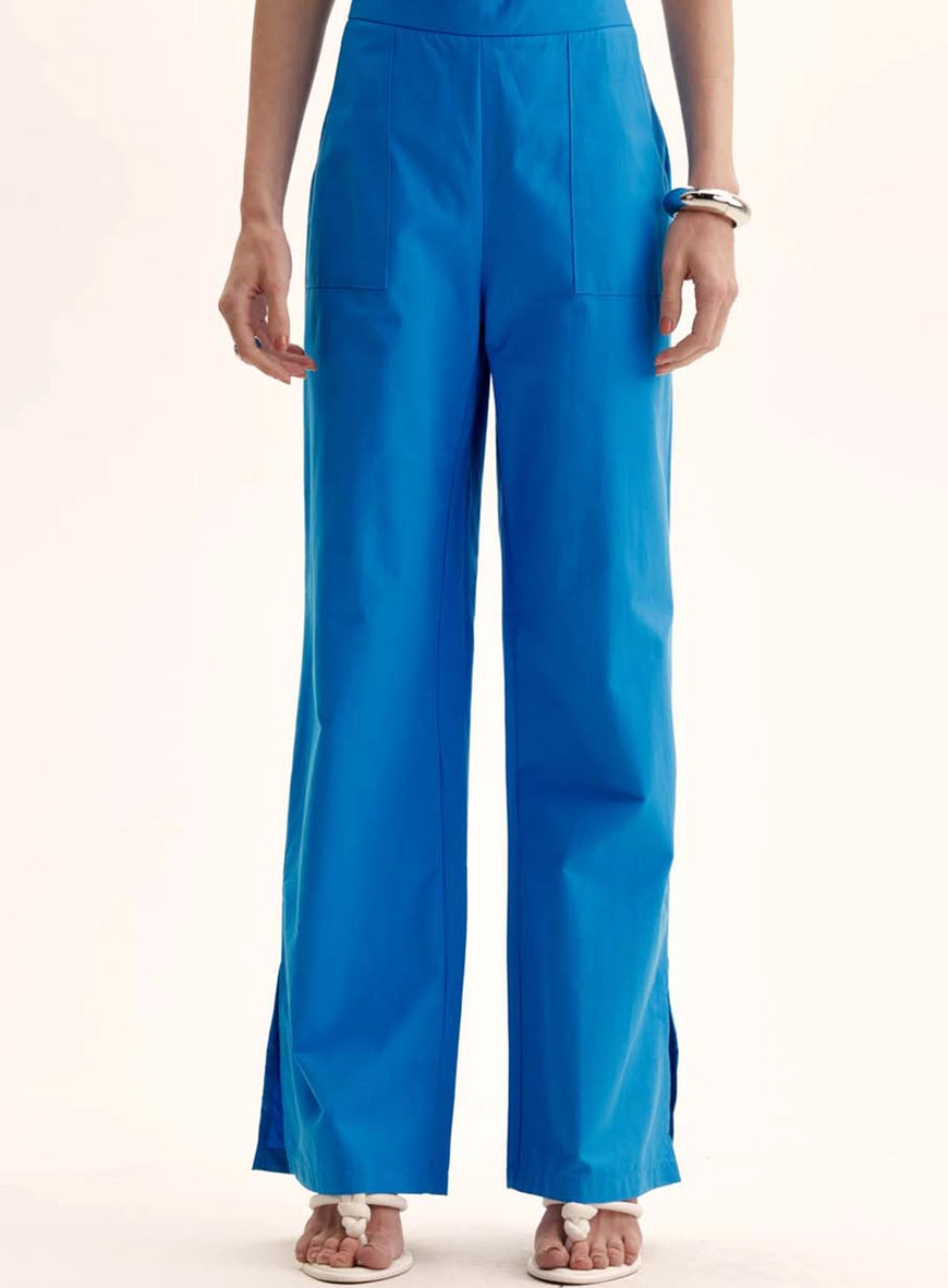 Calça Feminina Reta Wide Leg Com Fenda Azul 2