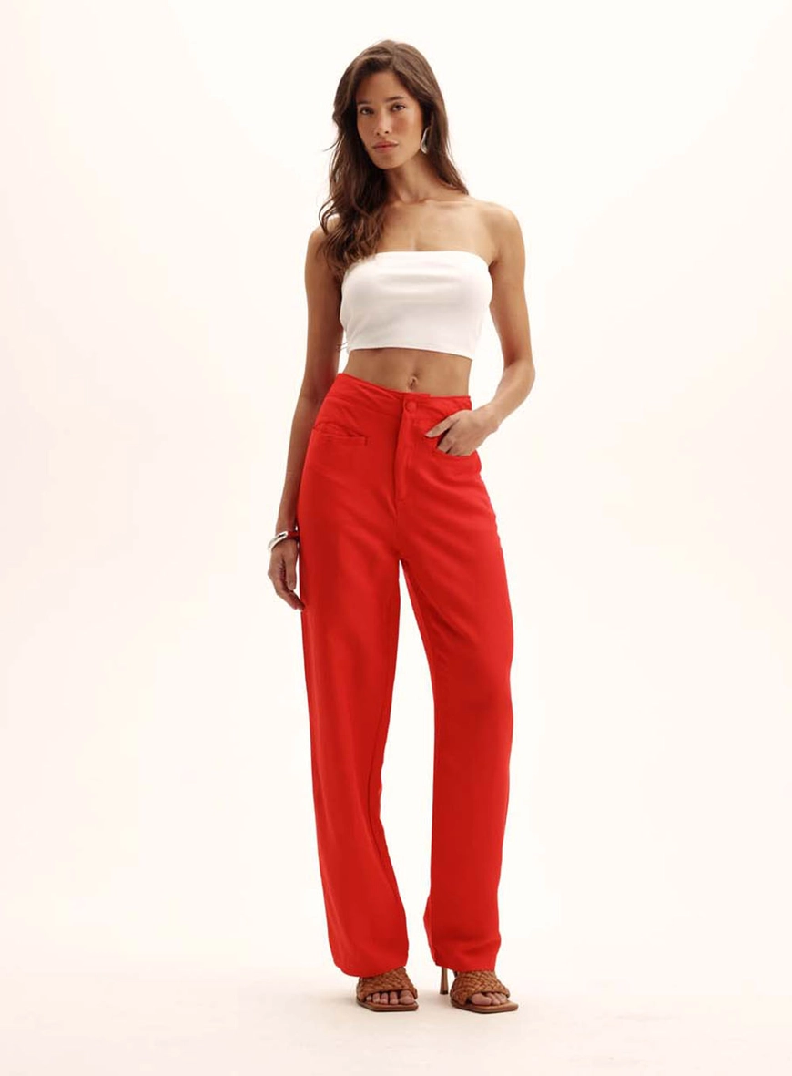 Calça Linho Feminina Cenoura Com Bolsos Vermelho 1