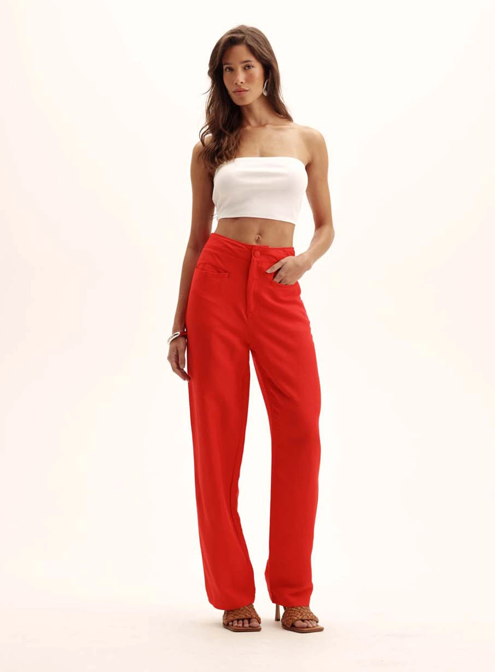 Calça Linho Feminina Cenoura Com Bolsos Vermelho 1